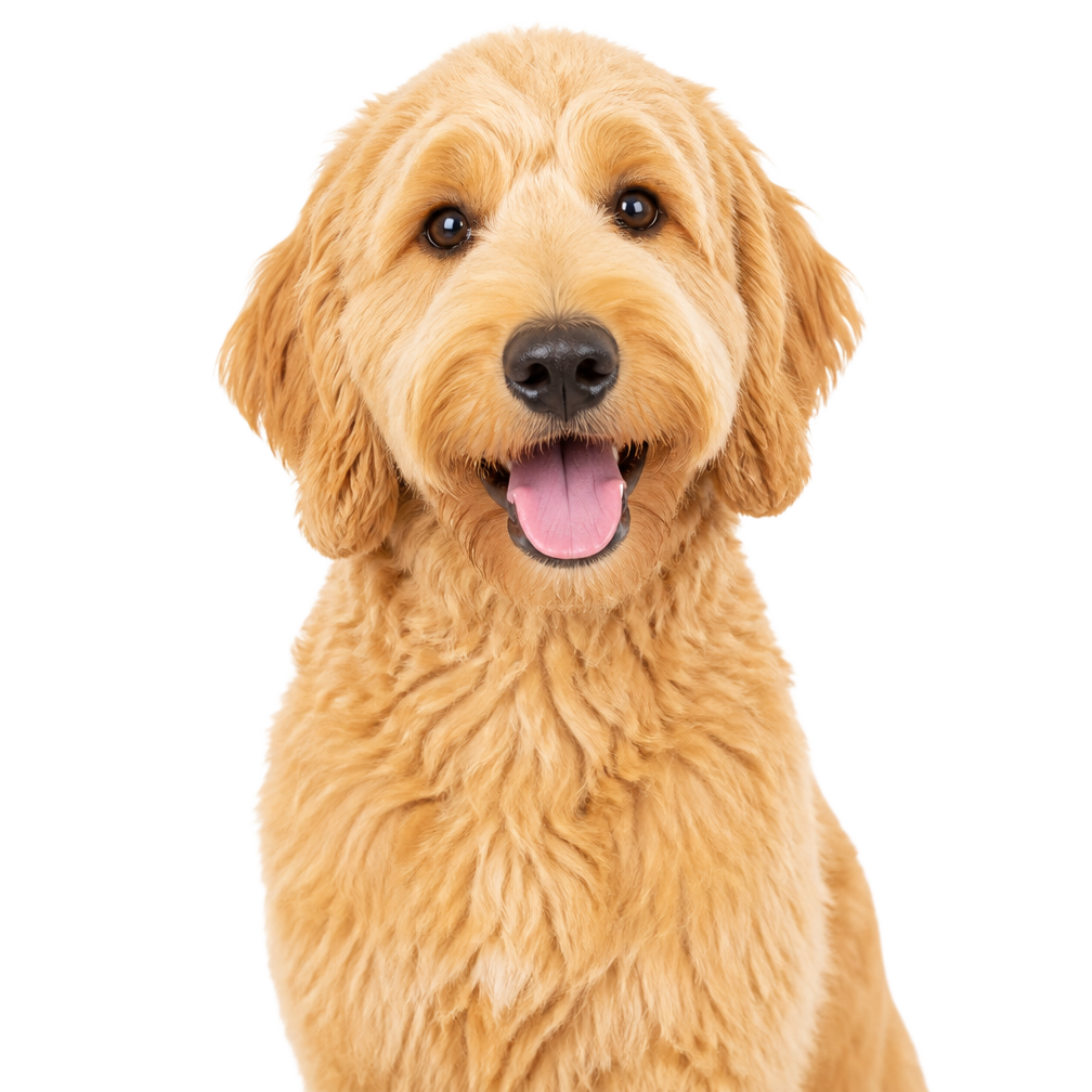 Happy fluffy golden doodle dog with a clean, fresh coat